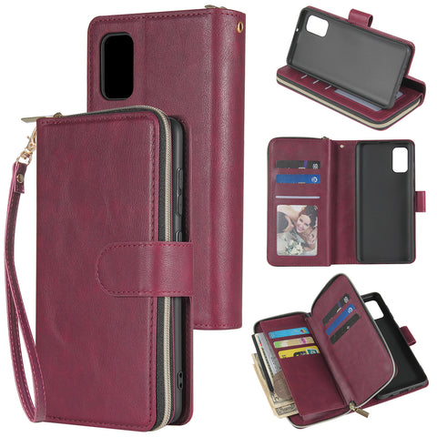 For Samsung A01/A21/A31/A41/A51 Pu Leather  Mobile Phone Cover Zipper Card Bag + Wrist Strap Red wine