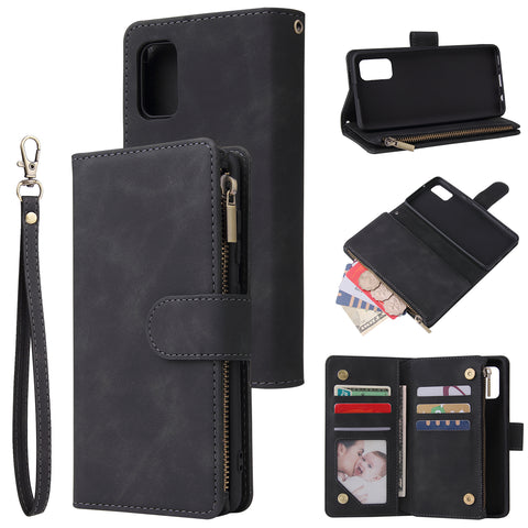 For Samsung A41 Mobile Phone Case Wallet Design Zipper Closure Overall Protection Cellphone Cover  1 black