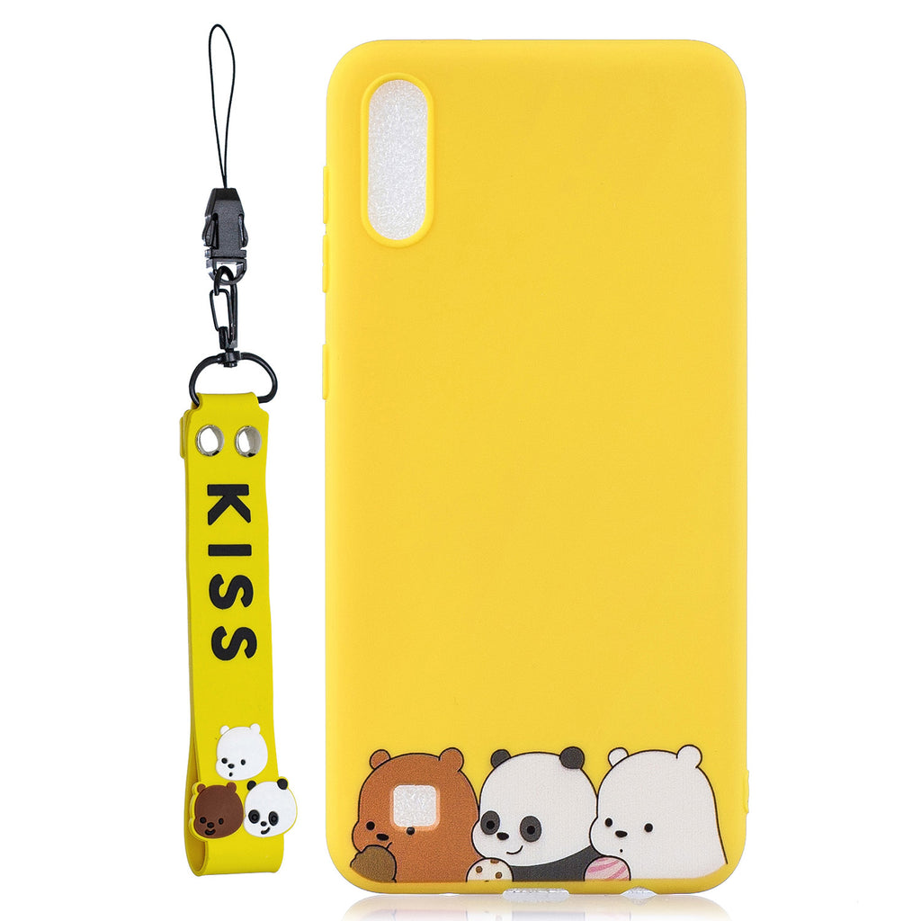 For Samsung A10 Cartoon Lovely Coloured Painted Soft TPU Back Cover Non-slip Shockproof Full Protective Case with Lanyard yellow