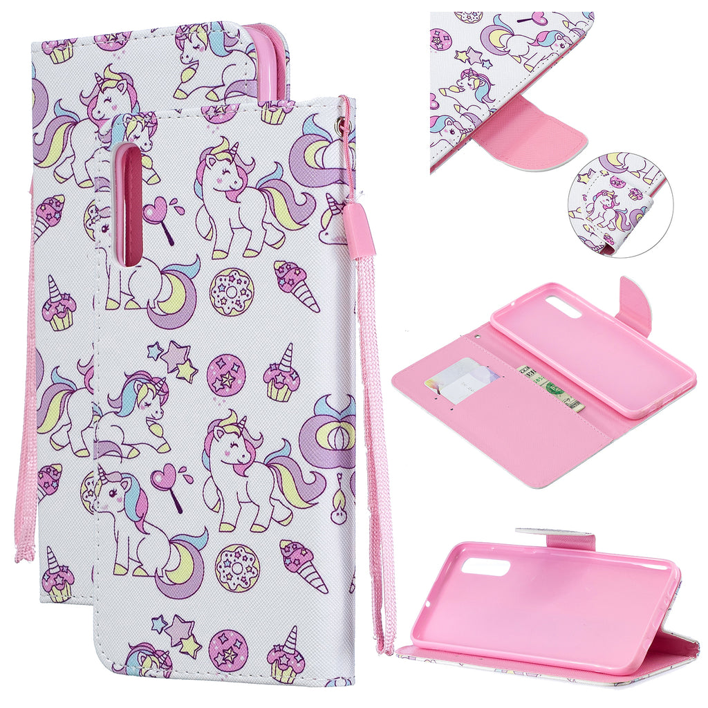 For Samsung A50/A70 Smartphone Case Overall Protective Phone Shell Lovely PU Leather Cellphone Cover with Card Slots  Ice cream unicorn