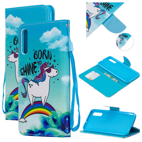 For Samsung A50/A70 Smartphone Case Overall Protective Phone Shell Lovely PU Leather Cellphone Cover with Card Slots  Rainbow horse