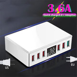 Travel Charger 6-USB Port Digital Display Extended Socket QC 3.0 Fast Charge Station Multi-Port USB Charging Plug US Plug