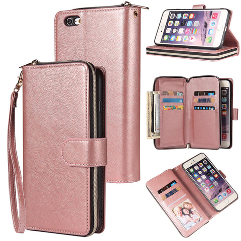 For Iphone 6/6s/6 Plus/6s Plus/7 Plus/8 Plus Pu Leather  Mobile Phone Cover Zipper Card Bag + Wrist Strap Rose gold