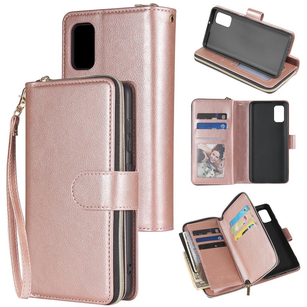 For Samsung A01/A21/A31/A41/A51 Pu Leather  Mobile Phone Cover Zipper Card Bag + Wrist Strap Rose gold