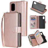 For Samsung A01/A21/A31/A41/A51 Pu Leather  Mobile Phone Cover Zipper Card Bag + Wrist Strap Rose gold