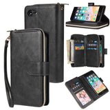 For Iphone 6/6s/6 Plus/6s Plus/7 Plus/8 Plus Pu Leather  Mobile Phone Cover Zipper Card Bag + Wrist Strap black