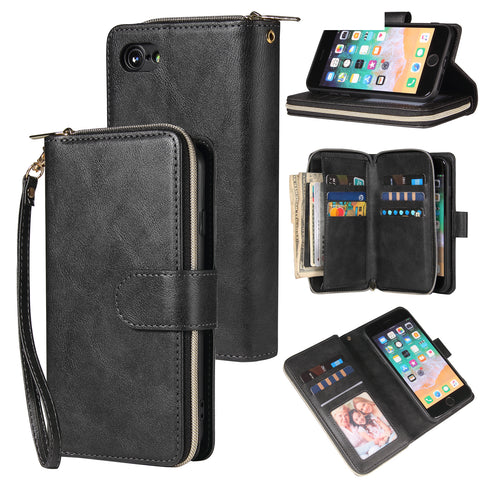 For Iphone 6/6s/6 Plus/6s Plus/7 Plus/8 Plus Pu Leather  Mobile Phone Cover Zipper Card Bag + Wrist Strap black