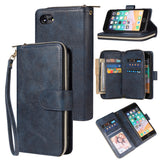 For Iphone 6/6s/6 Plus/6s Plus/7 Plus/8 Plus Pu Leather  Mobile Phone Cover Zipper Card Bag + Wrist Strap blue