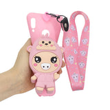 For HUAWEI Y6 2019 Y7 2019 Y9 2019 Cartoon Full Protective TPU Mobile Phone Cover with Mini Coin Purse+Cartoon Hanging Lanyard 3 deep pink piglets