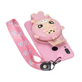 For HUAWEI Y6 2019 Y7 2019 Y9 2019 Cartoon Full Protective TPU Mobile Phone Cover with Mini Coin Purse+Cartoon Hanging Lanyard 3 deep pink piglets