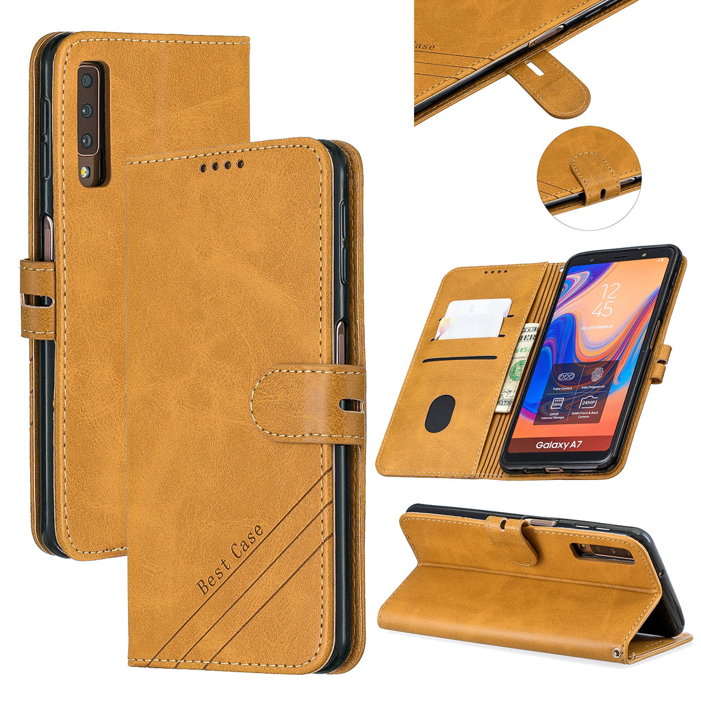 For Samsung A7 2018 Denim Pattern Solid Color Flip Wallet PU Leather Protective Phone Case with Buckle & Bracket yellow