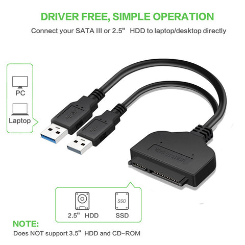 USB 3.0 To SATA 7+15 Pin Adapter Cable for 2.5 Inch HDD SSD 20/25CM black