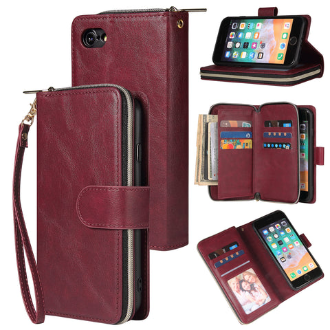 For Iphone 6/6s/6 Plus/6s Plus/7 Plus/8 Plus Pu Leather  Mobile Phone Cover Zipper Card Bag + Wrist Strap Red wine
