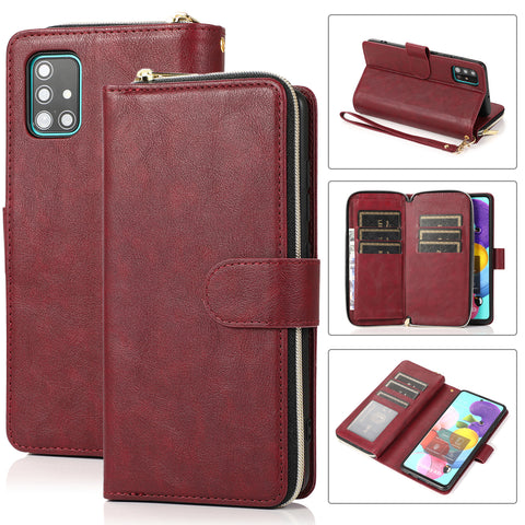 For Samsung A01/A21/A31/A41/A51 Pu Leather  Mobile Phone Cover Zipper Card Bag + Wrist Strap Red wine