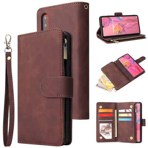 For HUAWEI P30 HUAWEI P30 lite HUAWEI P30 pro Multi-card Bracket Coin Wallet Zipper Mobile Phone PU Leather Phone Case  3 brown