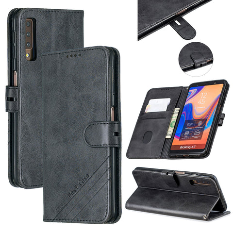 For Samsung A7 2018 Denim Pattern Solid Color Flip Wallet PU Leather Protective Phone Case with Buckle & Bracket black