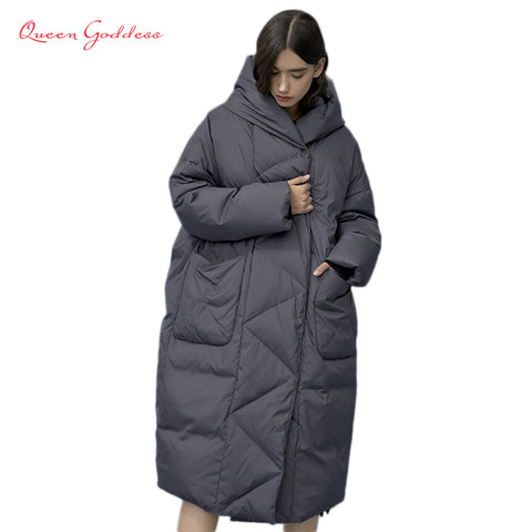 Winter and Autumn Outwear Women White Duck X-Long Down Warm Jacket in Hooded Fashion Cocoon Parkas Plus size 7XL design
