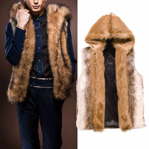 2017 Fashion Winter Men Males Fur Vest Hoodie