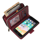 For Iphone 6/6s/6 Plus/6s Plus/7 Plus/8 Plus Pu Leather  Mobile Phone Cover Zipper Card Bag + Wrist Strap Red wine