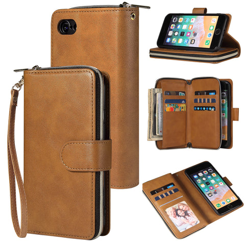 For Iphone 6/6s/6 Plus/6s Plus/7 Plus/8 Plus Pu Leather  Mobile Phone Cover Zipper Card Bag + Wrist Strap brown