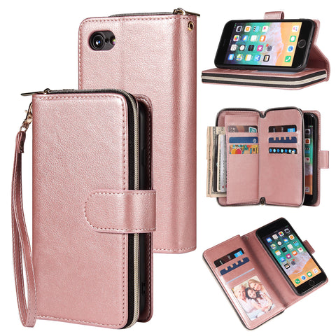 For Iphone 6/6s/6 Plus/6s Plus/7 Plus/8 Plus Pu Leather  Mobile Phone Cover Zipper Card Bag + Wrist Strap Rose gold