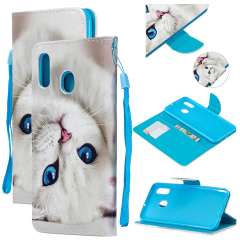 For Samsung A10/A20/A30 Smartphone Case PU Leather Wallet Design Cellphone Cover with Card Holder Stand Available Blue eyes cat