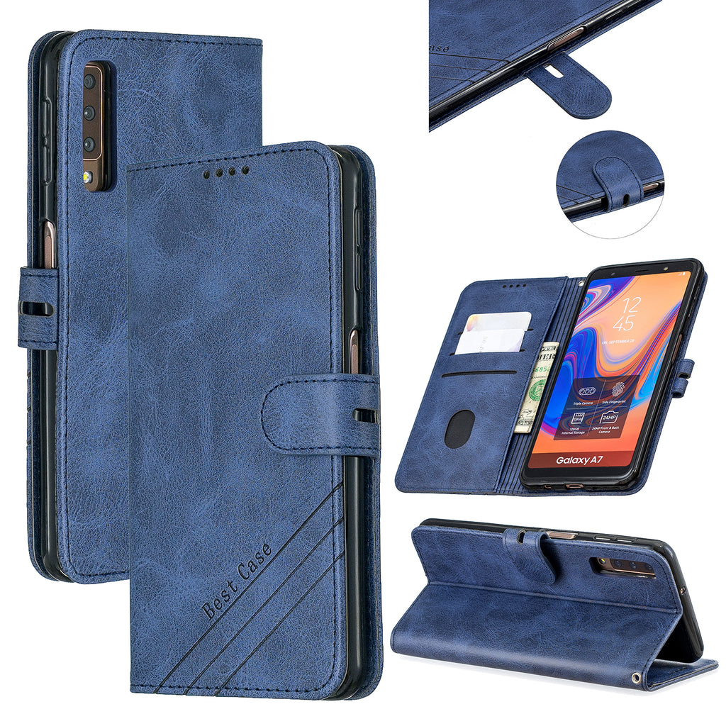 For Samsung A7 2018 Denim Pattern Solid Color Flip Wallet PU Leather Protective Phone Case with Buckle & Bracket blue