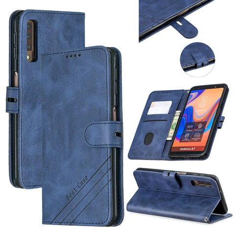 For Samsung A7 2018 Denim Pattern Solid Color Flip Wallet PU Leather Protective Phone Case with Buckle & Bracket blue