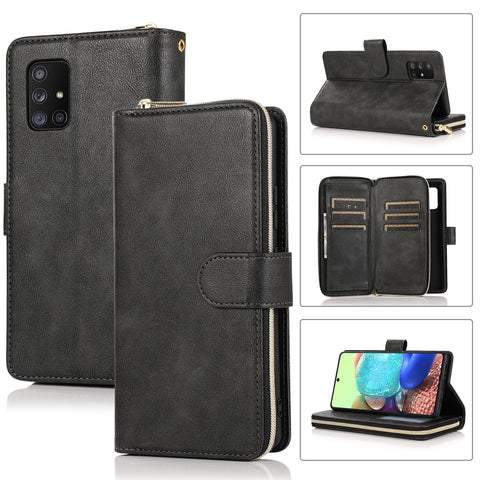 For Samsung A01/A21/A31/A41/A51 Pu Leather  Mobile Phone Cover Zipper Card Bag + Wrist Strap black