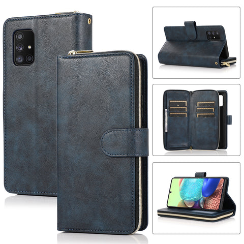 For Samsung A01/A21/A31/A41/A51 Pu Leather  Mobile Phone Cover Zipper Card Bag + Wrist Strap blue