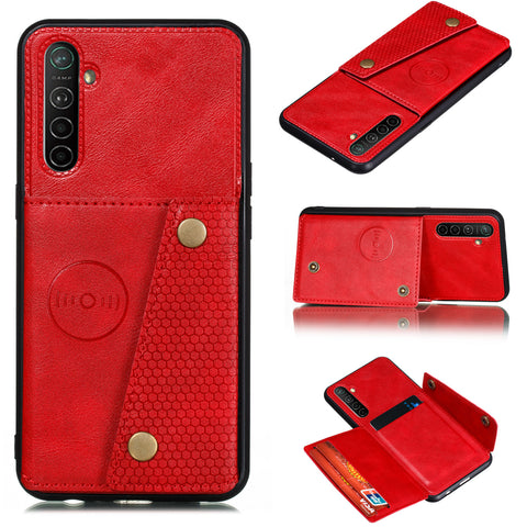For OPPO A9 2020/Realme XT/Reno 2 Mobile Phone Shell Classic Textured Pattern Buckle Closure Design Anti-fall Smartphone Case  red