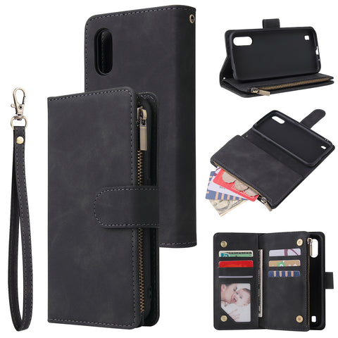 For Samsung A01 Case Smartphone Shell Wallet Design Zipper Closure Overall Protection Cellphone Cover  1 black