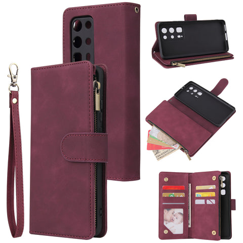 For HUAWEI P40 pro plus Zipper Purse Leather Mobile Phone Cover with Cards Slot Phone Bracket 5 wine red