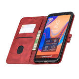 For Samsung A7 2018 Denim Pattern Solid Color Flip Wallet PU Leather Protective Phone Case with Buckle & Bracket red