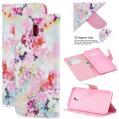 For Samsung J4 Plus/J6 Plus Cartoon Phone Shell Delicate Smartphone Case PU Leather Overall Protective Wallet Design Watercolor flower