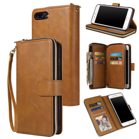 For Iphone 6/6s/6 Plus/6s Plus/7 Plus/8 Plus Pu Leather  Mobile Phone Cover Zipper Card Bag + Wrist Strap brown
