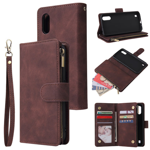 For Samsung A01 Case Smartphone Shell Wallet Design Zipper Closure Overall Protection Cellphone Cover  3 brown