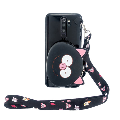 For Redmi Note 8/8T/8 Pro Cellphone Case Mobile Phone Shell Shockproof TPU Cover with Cartoon Cat Pig Panda Coin Purse Lovely Shoulder Starp  Black