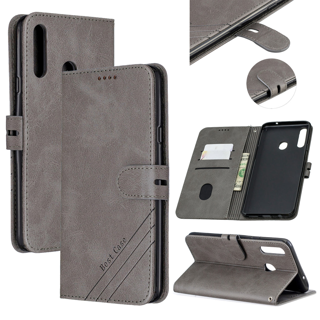 For Samsung A10S A20S Solid Color Denim Texture Front Clasp Bracket Leather Mobile Phone Cover gray