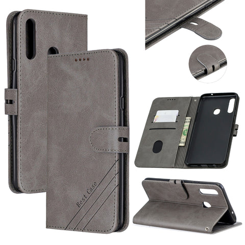 For Samsung A10S A20S Solid Color Denim Texture Front Clasp Bracket Leather Mobile Phone Cover gray