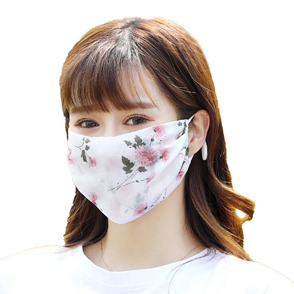Fashionable Chiffon Printed Sunscreen Summer Breathable And Washable Dustproof Mask Peony flower on white_One size