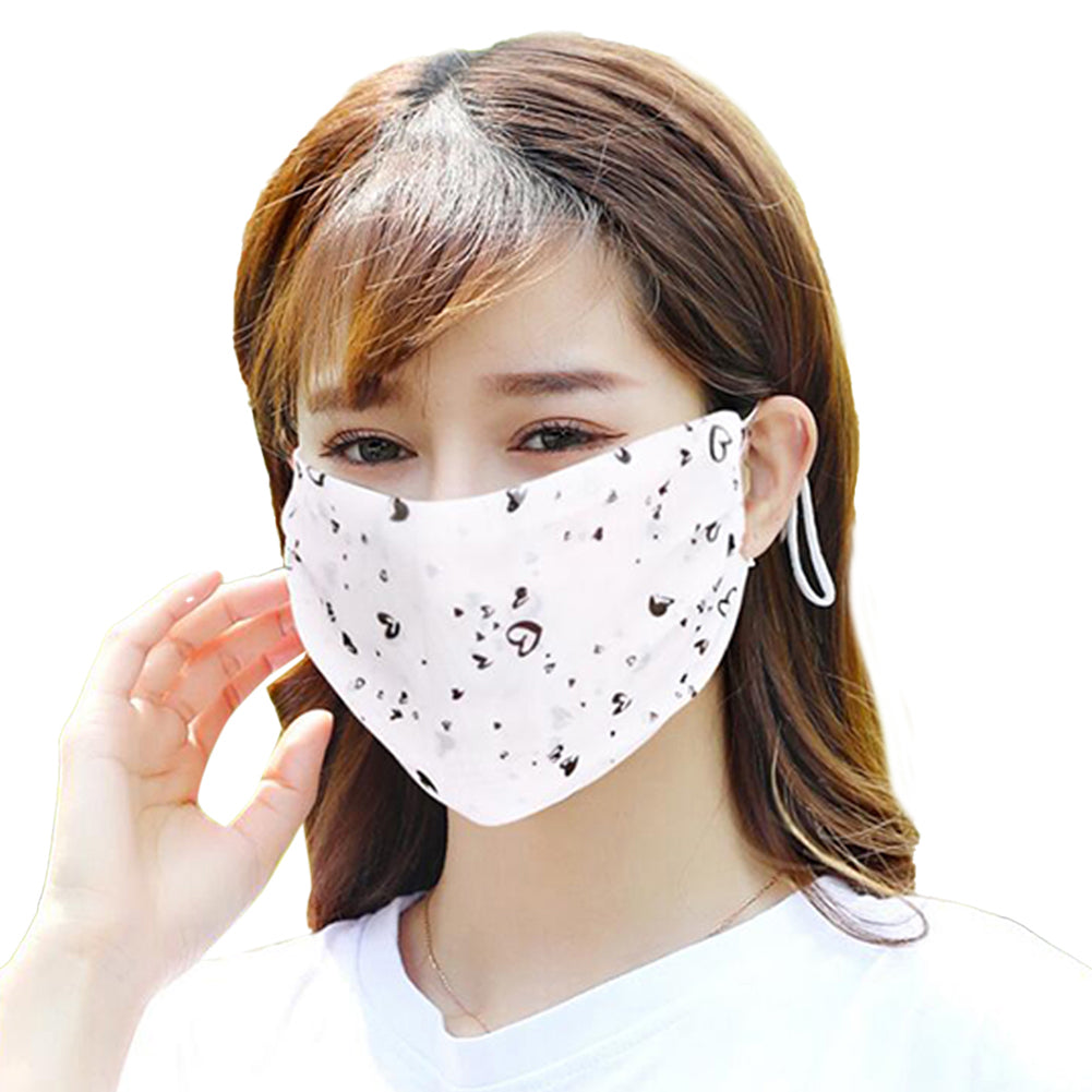 Fashionable Chiffon Printed Sunscreen Summer Breathable And Washable Dustproof Mask Love on white_One size