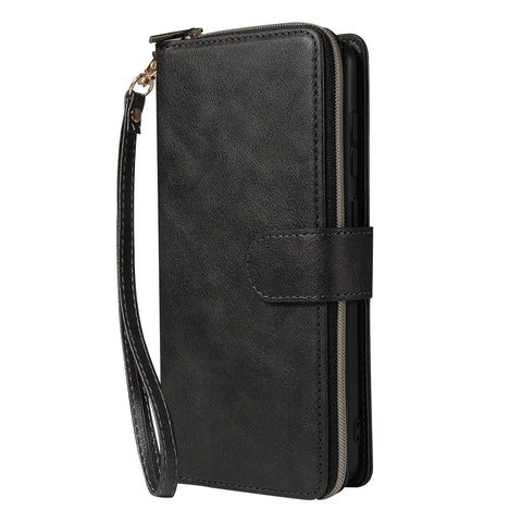 For Samsung A01/A21/A31/A41/A51 Pu Leather  Mobile Phone Cover Zipper Card Bag + Wrist Strap black