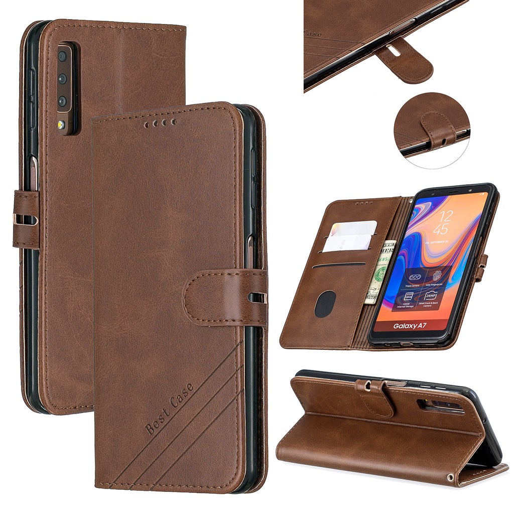 For Samsung A7 2018 Denim Pattern Solid Color Flip Wallet PU Leather Protective Phone Case with Buckle & Bracket brown