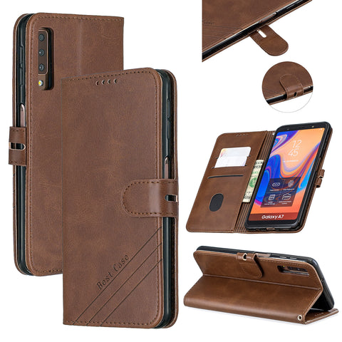 For Samsung A7 2018 Denim Pattern Solid Color Flip Wallet PU Leather Protective Phone Case with Buckle & Bracket brown