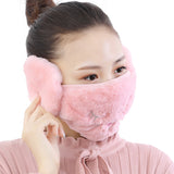 Women 2-in-1 Warm Mask Earmuffs Cartoon Cat Autumn Winter Thicken Plush Riding Outdoor Wear Khaki
