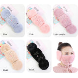 Women 2-in-1 Warm Mask Earmuffs Cartoon Cat Autumn Winter Thicken Plush Riding Outdoor Wear Khaki