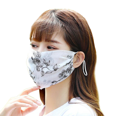 Fashionable Chiffon Printed Sunscreen Summer Breathable And Washable Dustproof Mask Black leaf flower_One size
