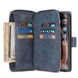 For iphone X/XS/XS MAX/11/11Pro Pu Leather  Mobile Phone Cover Zipper Card Bag + Wrist Strap blue