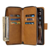 For iphone X/XS/XS MAX/11/11Pro Pu Leather  Mobile Phone Cover Zipper Card Bag + Wrist Strap brown
